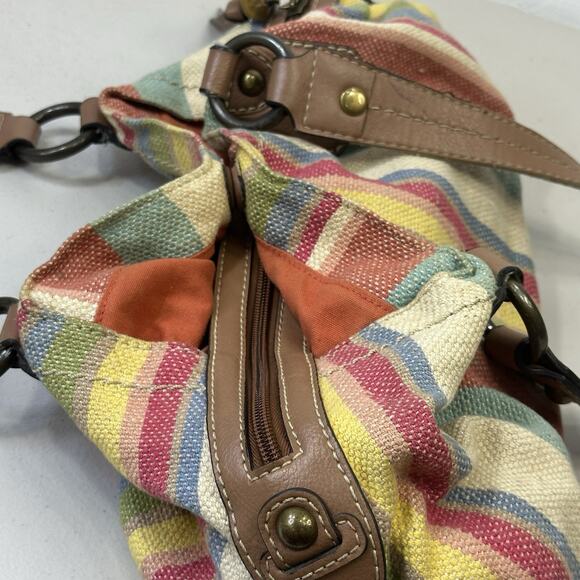 Fossil Beachy Striped Faux Leather Canvas Bag Zipper Dual Handle Pockets Boho - Picture 10 of 16